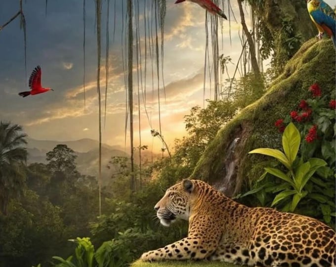 Leopard, Birds & Tropical Flowers, Jungle Animal Wall Art, Lush Nature Print for Home or Nursery Decor, digital download, printable, framing