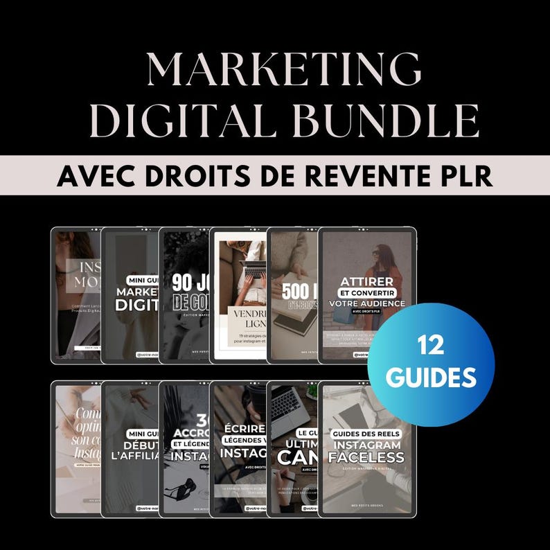 Bundle marketing digital, 12 produits digitaux avec droits de revente PLR MRR, guide français, ebook faceless, produit digital à revendre