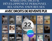 Pack marketing digital, développement perso, relation amoureuse, 22 produits digitaux, droits de revente PLR MRR, ebooks français à revendre
