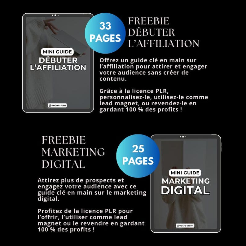 Bundle marketing digital, 12 produits digitaux avec droits de revente PLR MRR, guide français, ebook faceless, produit digital à revendre