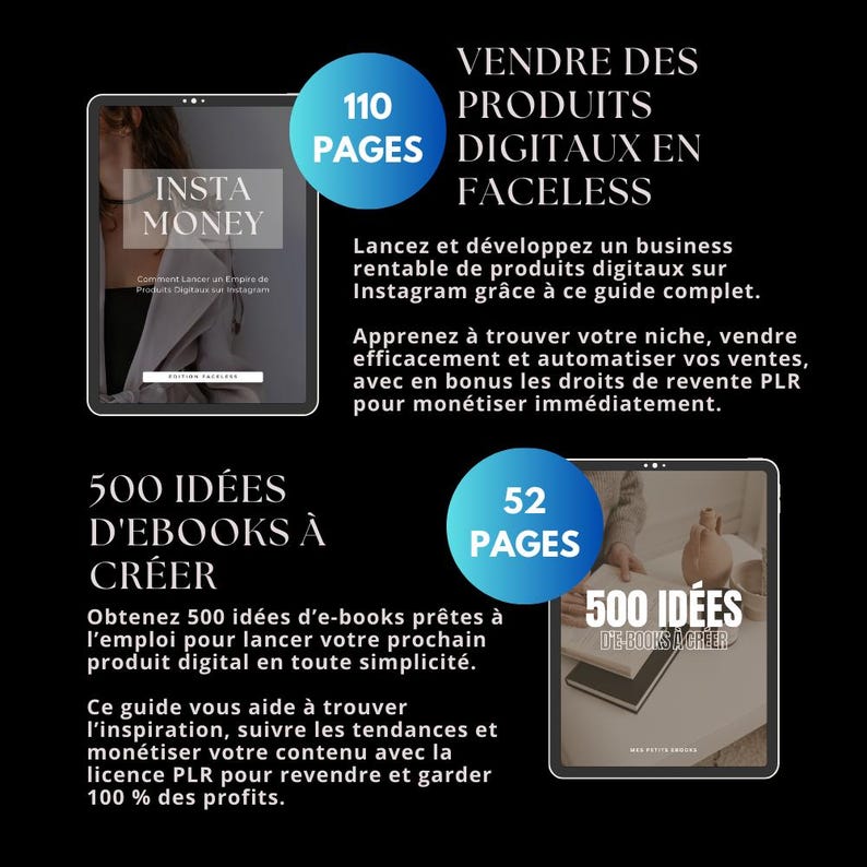 Bundle marketing digital, 12 produits digitaux avec droits de revente PLR MRR, guide français, ebook faceless, produit digital à revendre