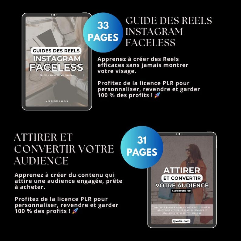 Bundle marketing digital, 12 produits digitaux avec droits de revente PLR MRR, guide français, ebook faceless, produit digital à revendre