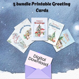 Set of 5 Printable Christmas Greeting Cards, Charming Winter Scenes Printable Christmas Cards Winter Wonderland Printable Christmas Cards