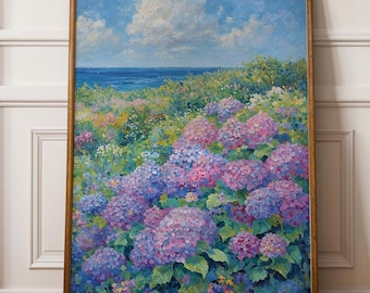 アジサイのウォールアート、海岸の油絵、印象派の花のウォールアート、クロード・モネの版画スタイル、印刷可能なウォールアート