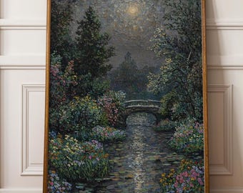 月光川のプリント、モネ風の夜の庭の壁アート、コテージコアのファンタジーな花の風景、ロマンチックな月の装飾、ゴシック様式の壁アート