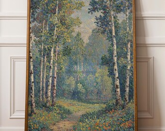 白樺の森のプリント、印象派の風景画、コテージコアのウォールアート、印刷可能なウォールアート、グリーンのウォールアート