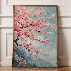 桜のデジタルウォールアート、ジャパニーズフローラルプリント、春の桜の木の絵画、ミニマリストの植物アートワーク、日本風の装飾