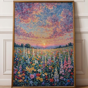 Puede incluir: Pintura de paisaje enmarcada que representa un campo de flores silvestres bajo un cielo de puesta de sol. La obra presenta una variedad de flores coloridas en primer plano y un cielo cálido y brillante con tonos de rosa, naranja y azul. El marco es de madera.