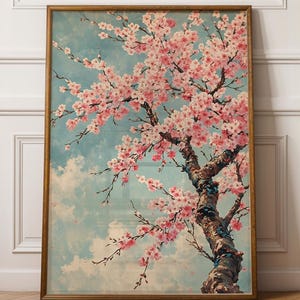 Art mural fleurs de cerisier printanier, peinture arbre vintage Japandi, art imprimable Sakura rose, téléchargement numérique décoration d'été, art mural botanique