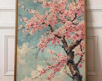 May include: A framed print of a painting depicting a pink cherry blossom tree in full bloom against a blue sky with white clouds.