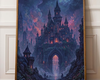 ゴシック城のプリント、ブック風ウォールアート、ダークアカデミアファンタジーウォールアート、読書好き、印刷可能なウォールアート