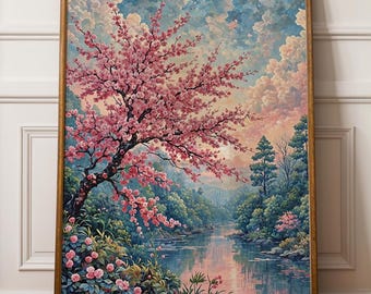 桜のプリント、Japandi ウォールアート、春の装飾、ヴィンテージの川の風景、デジタルダウンロード、桜の庭のプリント、印刷可能なウォールアート