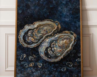 Donkerblauw schilderij oester: elegante kunst aan de kust (digitale download)