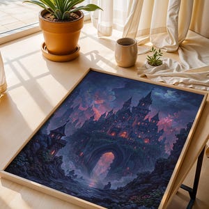 May include: A framed print featuring a fantasy castle. The image shows a dark castle with multiple spires, set against a dramatic sky with shades of purple, orange, and blue. The frame is made of light-coloured wood.