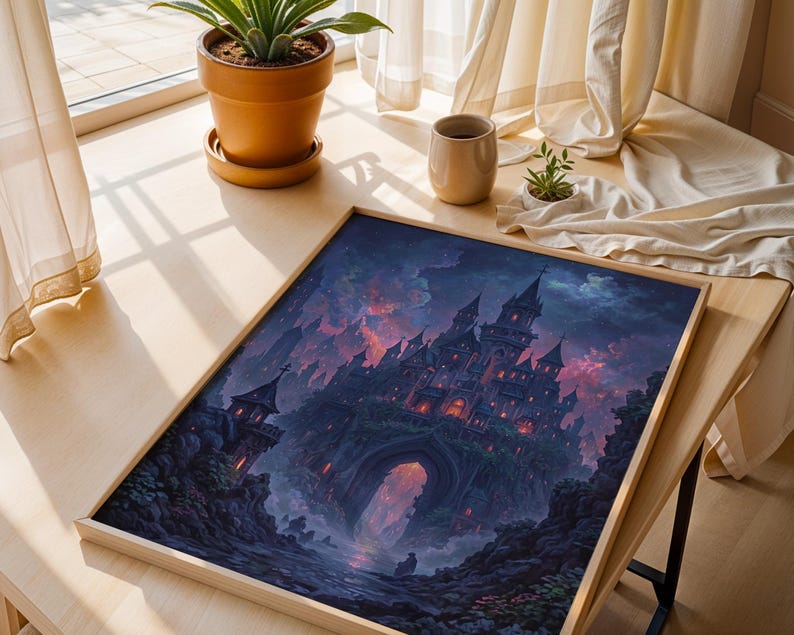 May include: A framed print featuring a fantasy castle. The image shows a dark castle with multiple spires, set against a dramatic sky with shades of purple, orange, and blue. The frame is made of light-coloured wood.