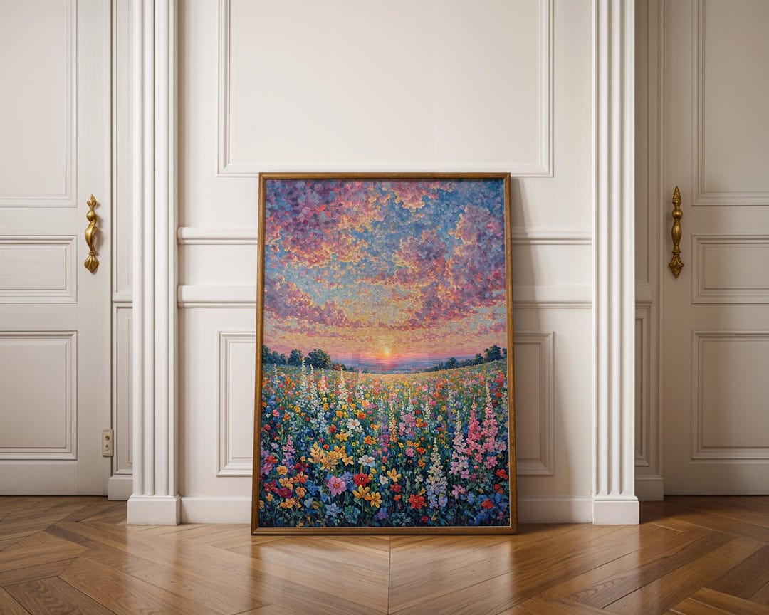 Sunset Wildflower Field Print: Pastel Cottagecore Landscape (digital ...