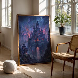 May include: A framed art print of a gothic castle scene with a dark, dramatic colour palette. The castle is illuminated with warm light, set against a backdrop of swirling blues, purples, and pinks. The artwork is displayed in a well-lit room with a wooden chair and a potted plant.