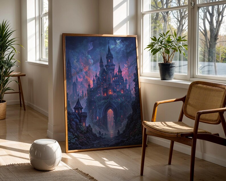 May include: A framed art print of a gothic castle scene with a dark, dramatic colour palette. The castle is illuminated with warm light, set against a backdrop of swirling blues, purples, and pinks. The artwork is displayed in a well-lit room with a wooden chair and a potted plant.