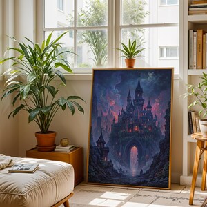 May include: A framed print of a gothic castle with spires and towers, set against a dramatic sky of purples and blues. The artwork is in a room with plants, a wooden side table, and a window.