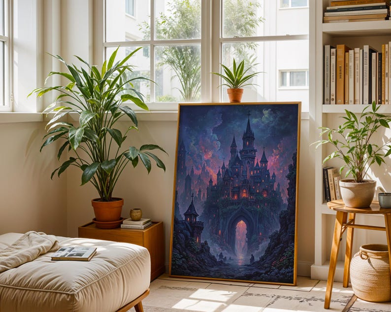 May include: A framed print of a gothic castle with spires and towers, set against a dramatic sky of purples and blues. The artwork is in a room with plants, a wooden side table, and a window.