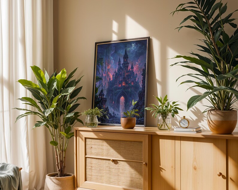 May include: A framed art print of a fantasy castle scene with a dark, gothic aesthetic. The artwork features a towering castle with multiple spires, set against a dramatic, colourful sky. The print is displayed on a wooden cabinet with plants.