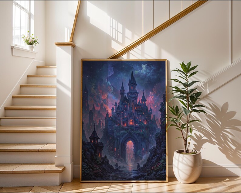 May include: A framed art print of a fantasy castle with tall spires and glowing windows, set against a dramatic, colourful sky. The artwork is in a wooden frame and leans against a white wall, next to a potted plant.
