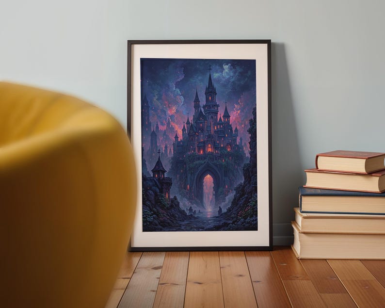 May include: Framed art print showing a gothic castle illustration. The artwork depicts a dark castle with spires and towers, set against a dramatic, colorful sky. The print is in a black frame and rests against a light blue wall. The print is displayed on a wooden floor.