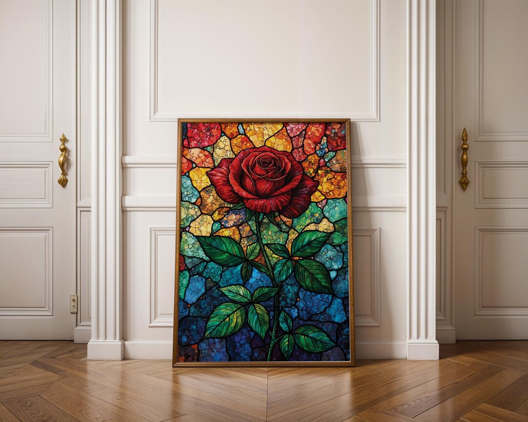 Stained Glass Rose Wall Art Digital Download – Vibrant Rainbow Floral ...