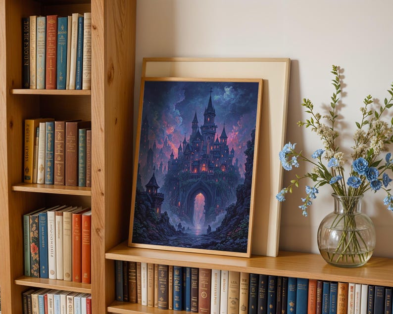 May include: A framed art print of a fantasy castle, set against a dramatic sky with purple and pink hues. The castle is lit with glowing lights. The print is displayed on a wooden shelf, next to a bookshelf and a vase of blue flowers, creating a decorative display.