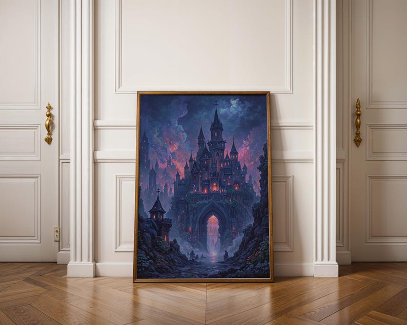 This gothic castle digital art print is perfect for fans of ACOTAR, Fourth Wing, and dark academia aesthetics. With glowing lights, towering spires, and magical vibes, it’s ideal for fantasy lovers, bookish spaces, and moody home decor. Delivered as a high-res digital download — print instantly and bring epic fantasy to your walls.