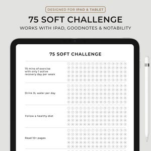 May include: A printable digital planner for the 75 Soft Challenge. The planner includes four sections: 75 minutes of exercise with only one active recovery day per week, drink 3 liters of water per day, follow a healthy diet, and read 10+ pages. Each section has a grid of circles for tracking progress.