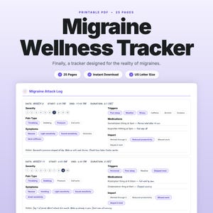 May include: A printable PDF migraine wellness tracker with a white background. The title "Migraine Wellness Tracker" is in large, bold, black letters. The tracker includes sections for logging migraine attacks, symptoms, and triggers. It is designed for US Letter size.