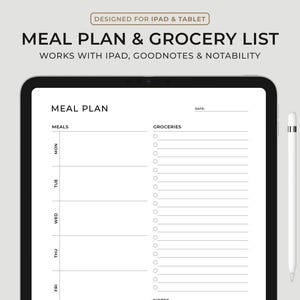 Cyfrowy tygodniowy plan posiłków z listą zakupów, 7-dniowy plan menu, planer żywności, zdrowie i fitness, kompatybilny z Goodnotes, Notability, Ipad