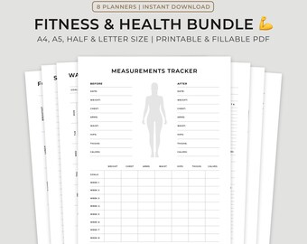 Fitness, Diet & Health Planner Inserts Bundle, A4/A5/Letter/Half Letter, Instant Download PDF