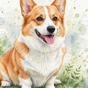 Könnte beinhalten: Ein Aquarellgemälde eines Pembroke Welsh Corgi mit lohfarbenem und weißem Fell, spitzen Ohren und einer schwarzen Nase. Der Hund hat ein offenes Maul mit sichtbarer rosa Zunge vor einem abstrakten Hintergrund mit grünen Farbspritzern.
