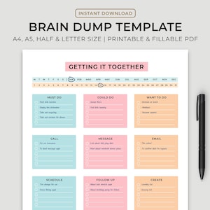 Brain Dump Vorlage, To Do Liste, Printable, ADHS Tagesplaner, Produktivität, Prioritäten Matrix, Arbeitstag, Gedanken Organizer