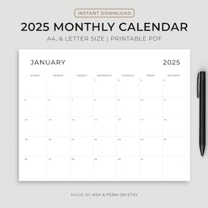 EDITABLE 2025 Calendar, 2025 Monthly Planner Landscape Elegant Monthly Calendar Sunday Start 2025 A4 Letter Size Wall Calendar PRINTABLE PDF