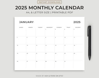 2025 Monthly Calendar Printable: Elegant Landscape Planner (A4/Letter Size PDF Digital Download)
