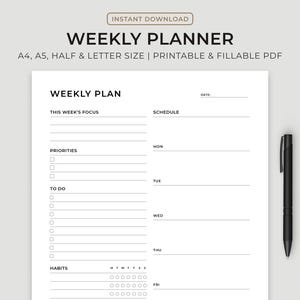 Weekly Planner Printable A5, A4, Letter, Half Size, Weekly Schedule, Weekly To Do List, Undated Weekly Planner Pages, Weekly Inserts