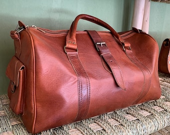Handmade Cognac Leather Duffel Bag: Vintage Travel Weekender