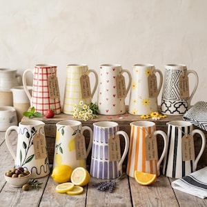 Pichet en céramique peint à la main | Carafe à eau marocaine rameau d'olivier