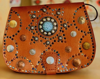 Handmade Leather Crossbody Bag: Turquoise & Coin Boho Purse