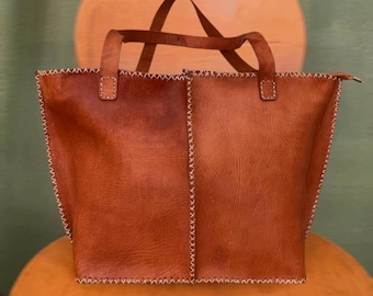 Handmade Moroccan Leather Tote Bag: Large Boho Shoulder Bag
