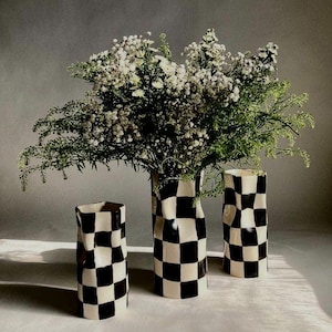 3 Black & White Checkered Ceramic Vase – Handmade Wavy Modern Pottery, Flower Vase, Utensil Holder, Artistic Home Decor