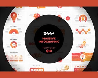 May include: A graphic design featuring a collection of infographics in orange and white. The central design element is a black circle with the text "244+ MASSIVE INFOGRAPHIC" and "TODAY ONLY $10". The background is a gradient of orange.