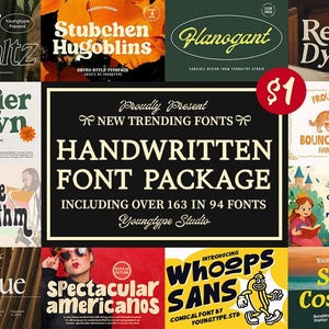 May include: A promotional image showcasing a handwritten font package with over 163 fonts in 94 styles. The image features various font examples, including "Silver Waltz," "Stubchen Hugoblins," and "Restless Dynasty." A red circle with "$1" is also visible.