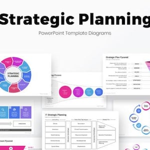May include: A PowerPoint presentation template titled "Strategic Planning" with various diagrams. The title is in bold black font. The diagrams include circular charts, flowcharts, and a pyramid, all in shades of pink, blue, and purple.