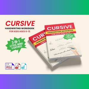 May include: Two cursive handwriting workbooks for kids ages 6-12. The covers are red and white with the word "CURSIVE" in large red letters. One workbook is open, displaying cursive writing examples. A green starburst graphic reads "3-IN-1 LETTERS, WORDS & SENTENCES."