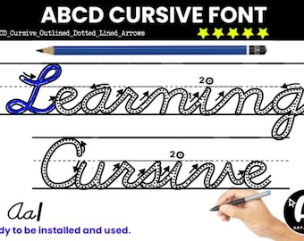 Carattere corsivo ABCD / Frecce tratteggiate e rigate / Carattere alfabeto da tracciare / Carattere per insegnanti / Carattere educativo / Carattere per fogli di lavoro per la scuola materna