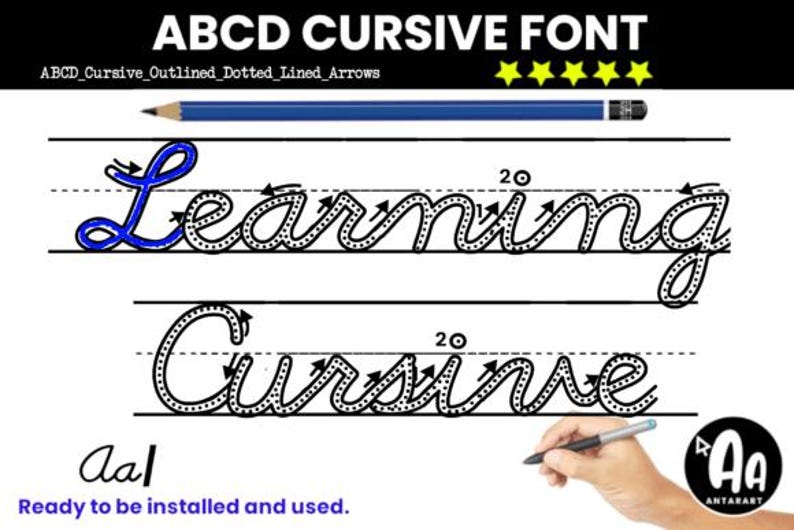 ABCD Cursive Font | Outline Dotted Arrows Lined | Tracing Alphabet Font ...